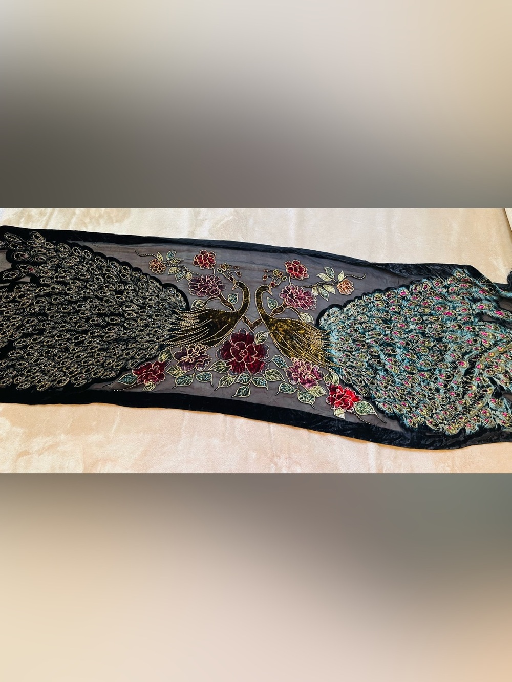 Vintage RabellaEmbroidered Peacock Sheer Scarf - Black with Multicolor Embroider